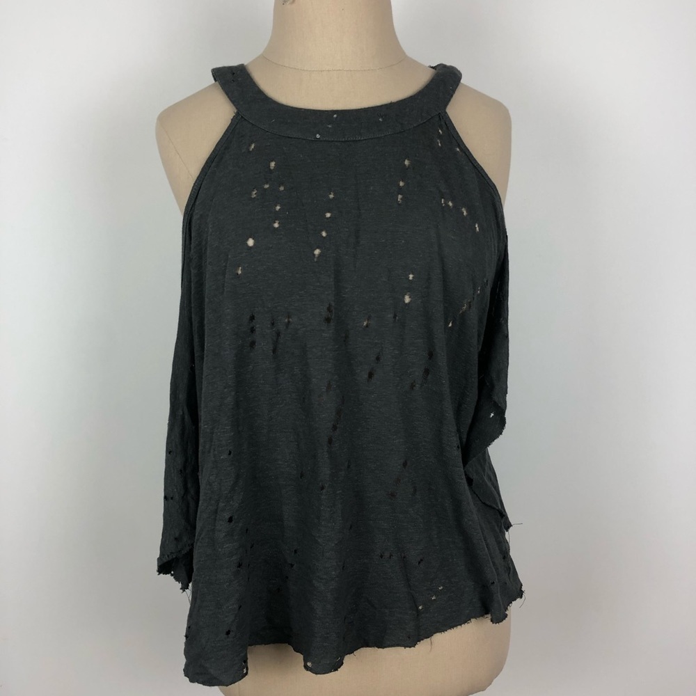 Olivaceous Gray Distressed Cold Shoulder Top